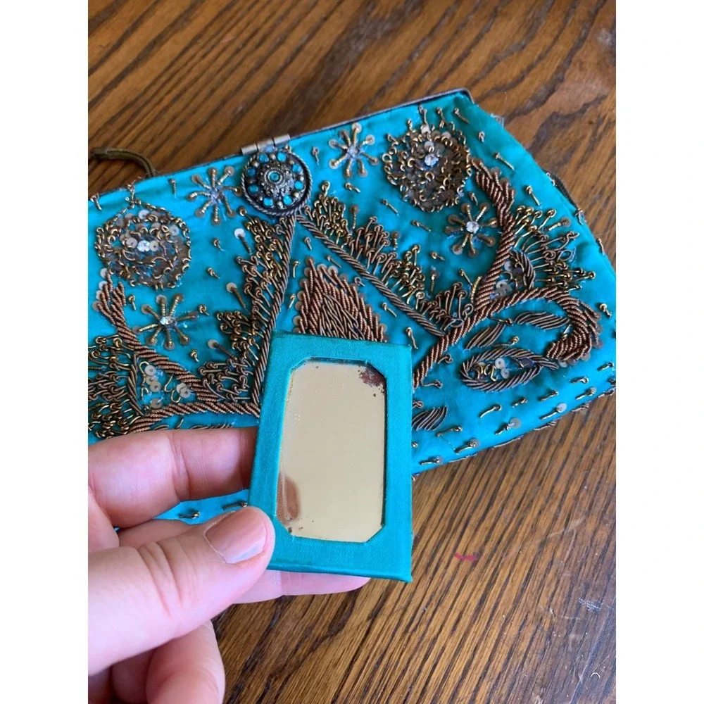 Vintage Blue Beaded Evening Bag Handbag Turquoise Goldwork Embroidery Fair